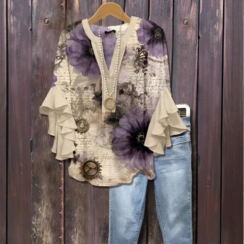Digital printing casual trend V-neck lotus edge T-shirt women's m302725-1
