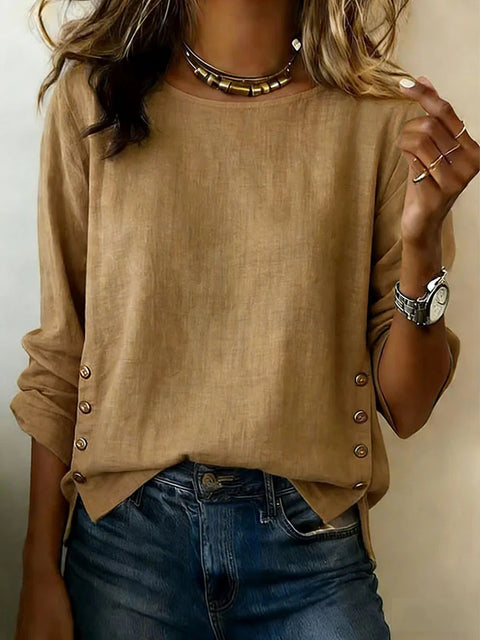 Women's T-shirt solid color round neck casual loose cotton and linen top m302837