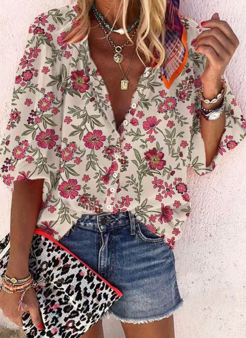 Fashion summer European and American women's clothing stand-up collar loose button retro printed casual shirt m301723