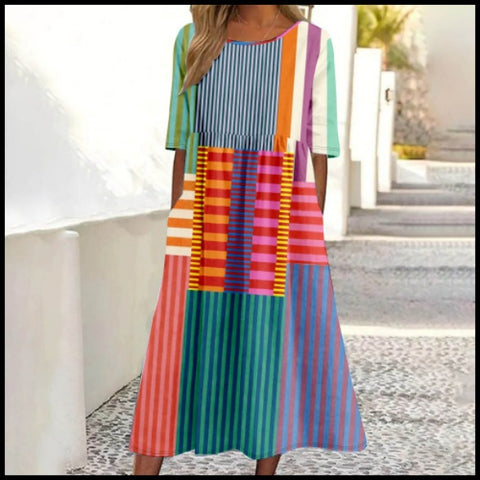 Ladies Casual Crew Neck Pullover Short Sleeve 3D Printing Pleated Waist Swing Long Dress Dress m301299