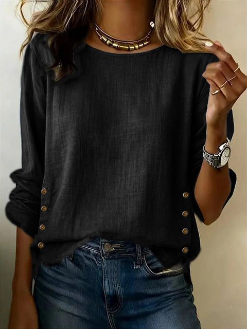 Women's T-shirt solid color round neck casual loose cotton and linen top m302837