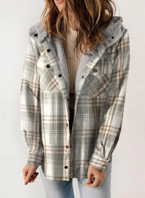 Women's plaid jacket long-sleeved hairy hooded jacket jacket with pockets m302153