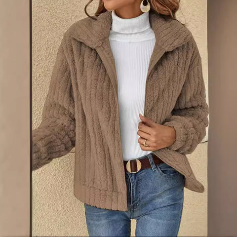 Pit strip plush cardigan lapel short jacket m300357