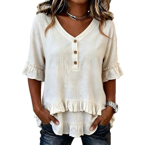 Lotus leaf edge V-neck irregular hem short sleeve m302918