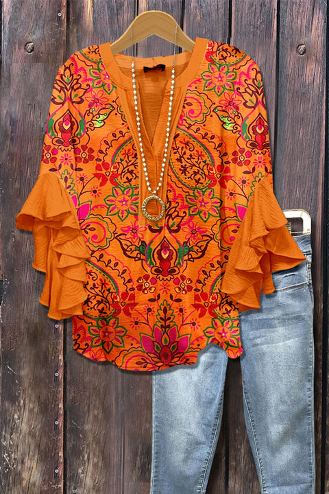 Creative floral element printing digital printing casual trend V-neck lotus edge T-shirt m301352