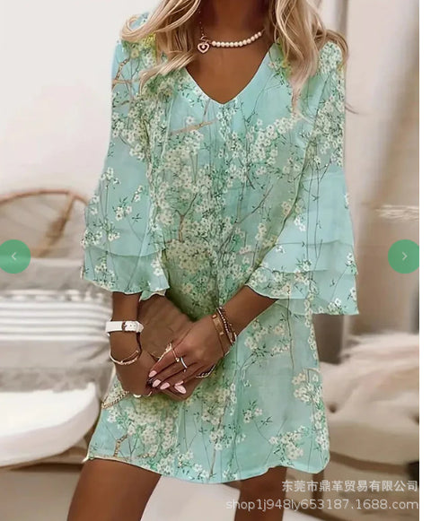 Full-body printed V-neck dress m302858