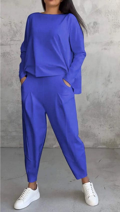 Women's solid color round neck long-sleeved suit women's pocket pants trousers m301510