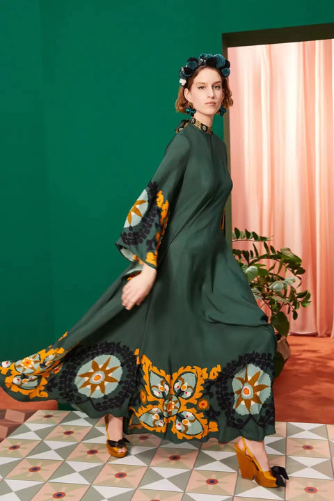 New summer print seven-quarter sleeve stand-up collar dress m301881