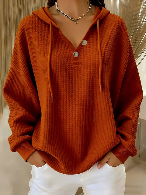 New solid color waffle V-neck button-down hooded sweatshirt m302180