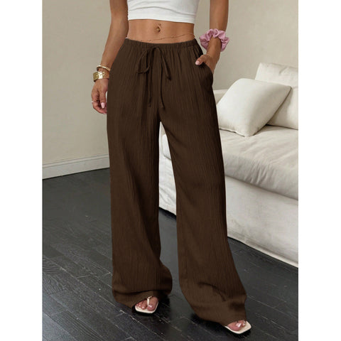 Casual solid color textured fabric knotted waist diagonal pocket wide leg pants m302809