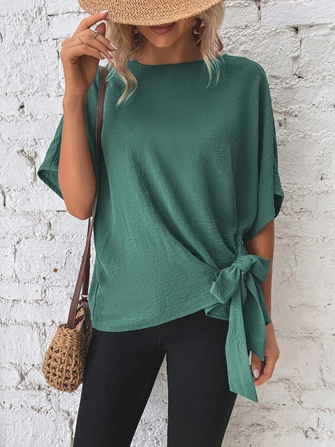Solid color bat wing sleeve hem knotted loose top m301016