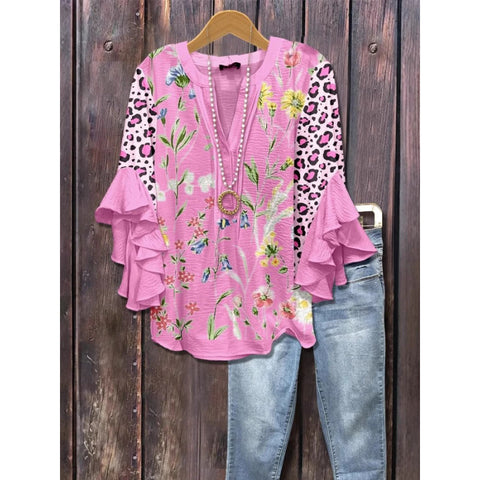 Floral element printing digital printing casual trend V-neck lotus edge T-shirt women's upper m302746