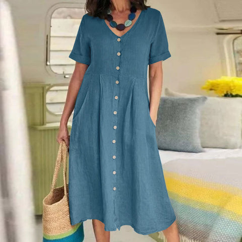 New solid color loose high waist cotton and linen dress m301192