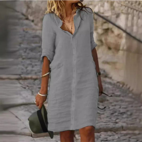 Loose Lapels Button Half Sleeve Solid Color Cotton and Linen Shirt Dress M300155