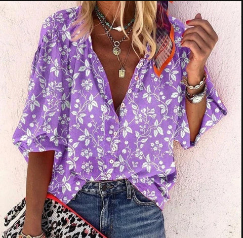 women's clothing stand-up collar loose button retro printed casual shirt m301723