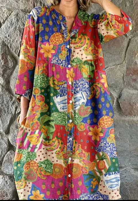 Women's Loose Crew Neck Fashion Premium Long Sleeve Printed Shirt Dress m301050