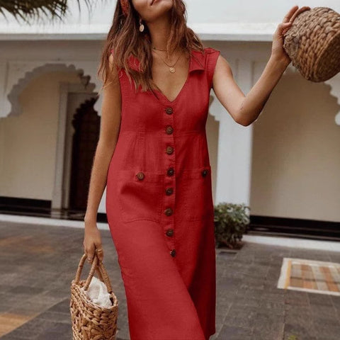 European and American V-neck single-breasted button-down dress, pocket design m301587