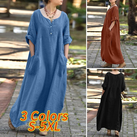 Women's Casual Loose Flip Sleeves Long Sleeves Crew Neck Pocket Large Size Cotton and Linen Dress Women's M302067