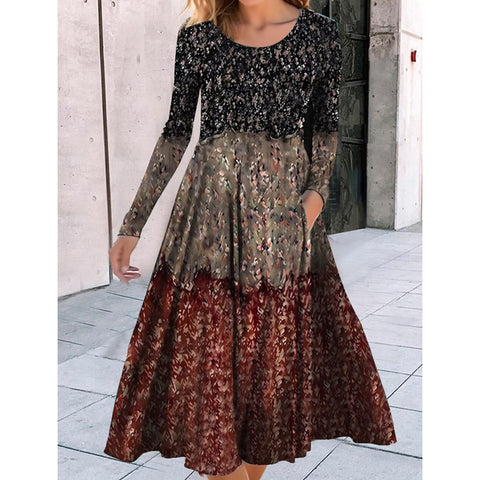Crew Neck Long Sleeve Loose Geometric Pattern Printed Pendulum Dress m300700