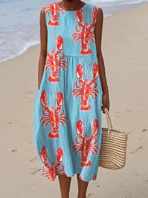 New sleeveless casual printing temperament long dress dress slim fit small fresh casual dress m301521