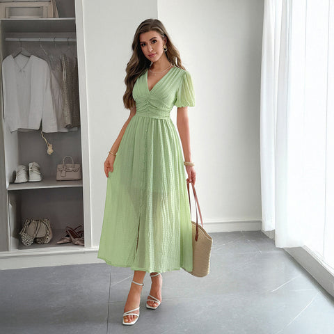 Holiday style deep V short sleeve long dress dress m301395