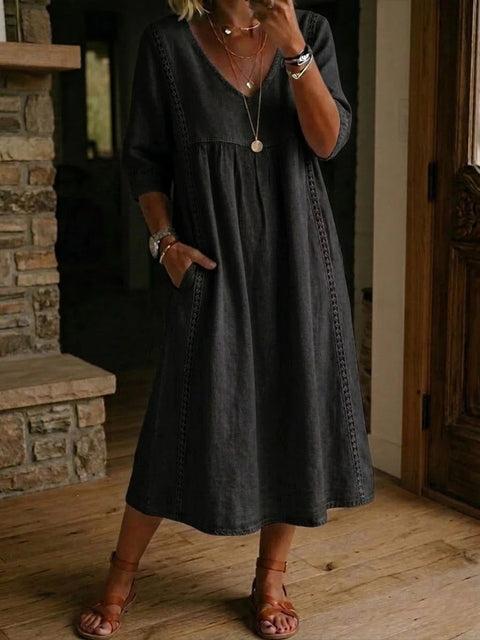 Loose v-neck splicing lace edge solid color medium sleeve dress m302991