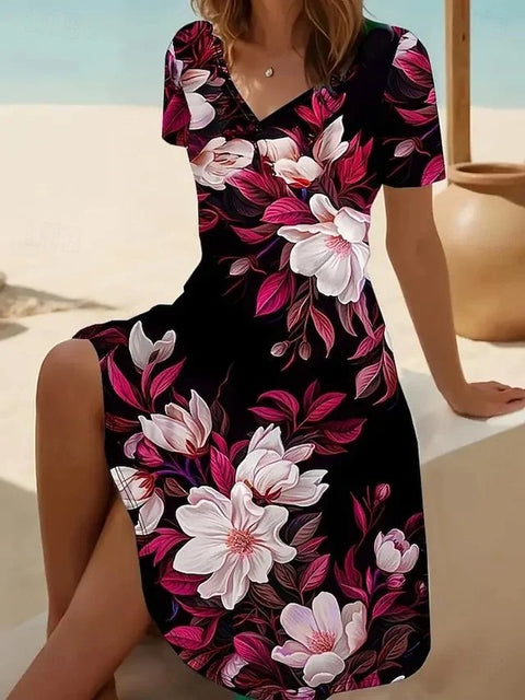 New V-neck casual flower print short-sleeved medium-length dress m302707