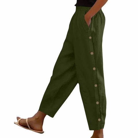 Side button pocket solid color mid-waist cotton and linen casual loose trousers m302831
