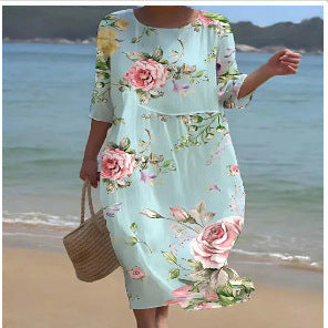 Loose Crew Neck Fashion Premium Long Sleeve Printed Dress m301045