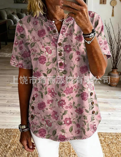 Women's Floral Print V-Neck Casual Women's Short Sleeve Top FF303332