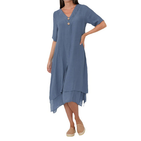 Woven cotton and linen double-layer split V-neck literary dress m301247