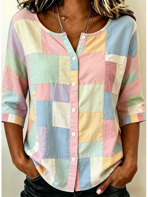 Women's Top Printed Casual Short Sleeve Collarless Shirt m303047