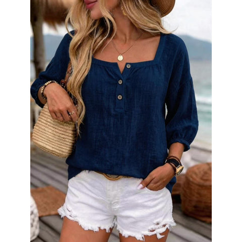 Holiday style seven-quarter sleeve loose and thin linen top m302921