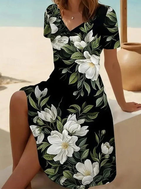 New V-neck casual flower print short-sleeved medium-length dress m302707