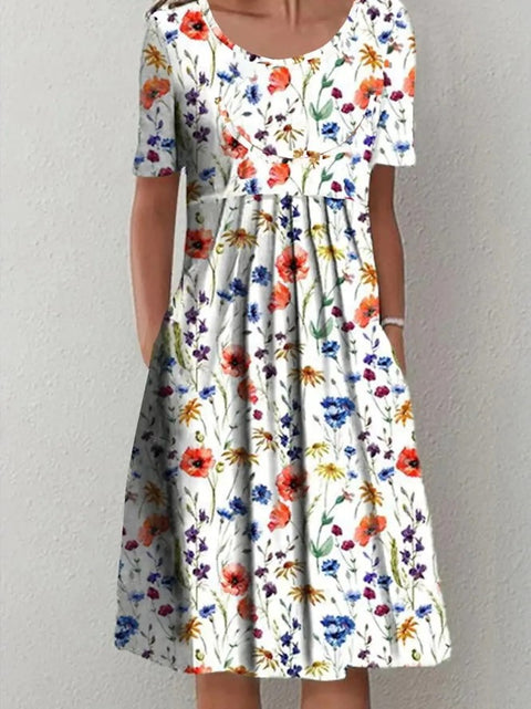 Spring/Summer Flower Printed Round Neck Pocket Mid length Dress for Women's Clothing m300037