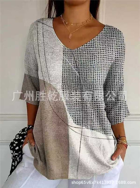 V-neck 3D printed geometric pattern five-quarter sleeve T-shirt top m302777