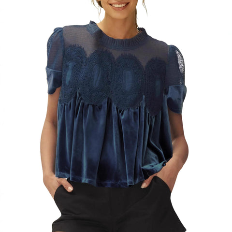 Mesh embroidered lace round neck pullover solid color velvet loose top m302350