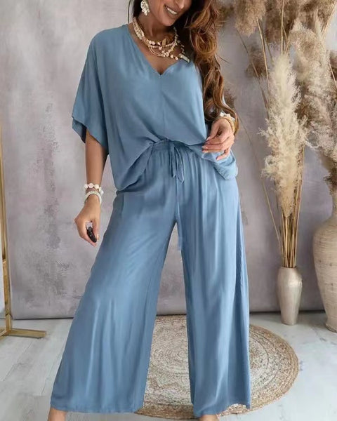V-neck bat sleeve casual loose wide-leg pants suit women's m302414