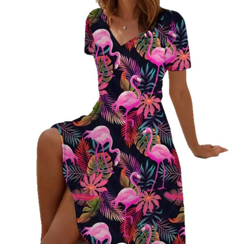 New V-neck casual flower print short-sleeved medium-length dress m302707
