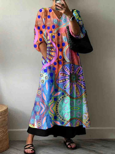 Casual women's fashion tie-dye printing V-neck medium and long jumpsuit m301302