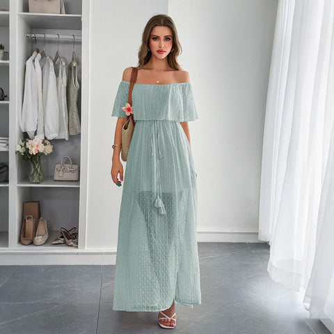 Casual simple wind off-the-shoulder semi-transparent slim-fit long dress m301413