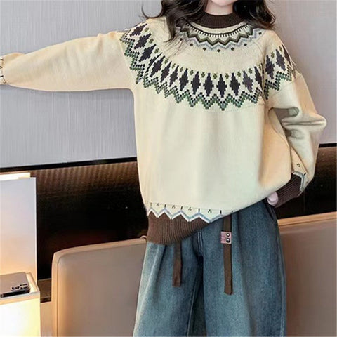 New sweater crew neck color matching loose fashion pullover knitted sweater m300454