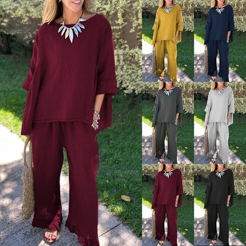 Cotton and linen suit women's solid color loose casual trousers two-piece set m303019