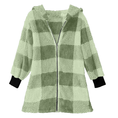 Long Sleeve Plaid Hooded Zipper Pocket Loose Jacket m302168