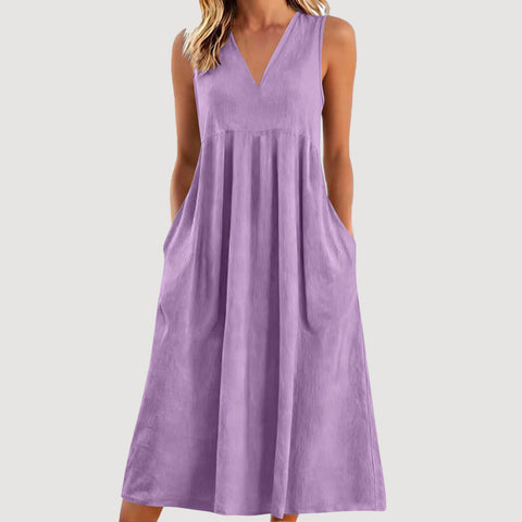Solid color pullover V-neck sleeveless cotton loose dress m302773