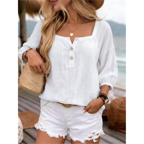 Holiday style seven-quarter sleeve loose and thin linen top m302921