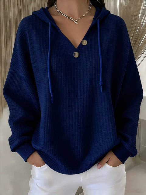 New solid color waffle V-neck button-down hooded sweatshirt m302180