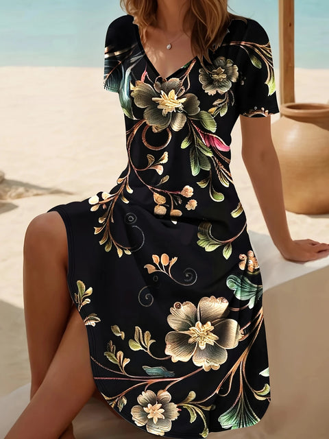 New V-neck casual flower print short-sleeved medium-length dress m302707