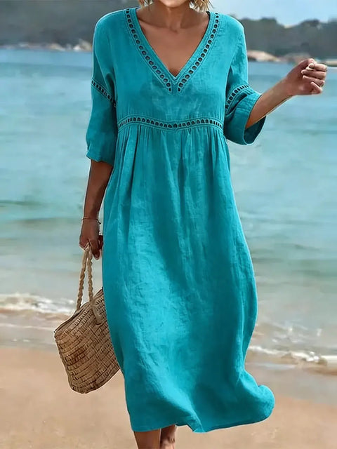 New elegant casual V-neck solid color medium-sleeved women's dress m303026