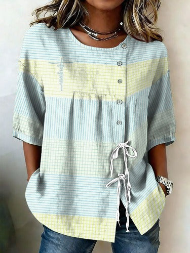 Temperament women's long-sleeved shirt printed top lace-up shirt m302925